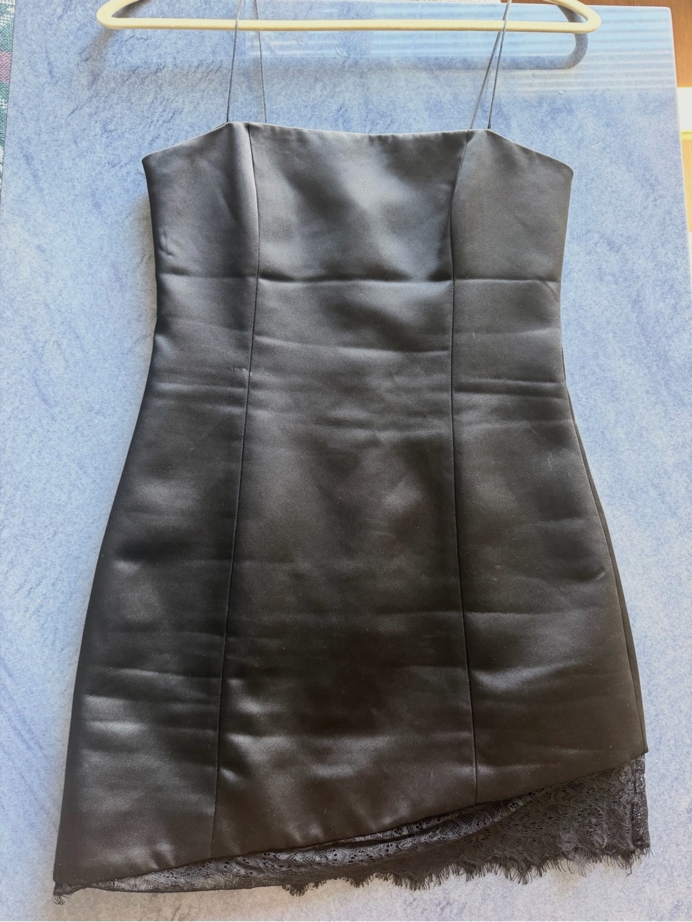 Zara Black Satin Slip Dress with Lace Hem